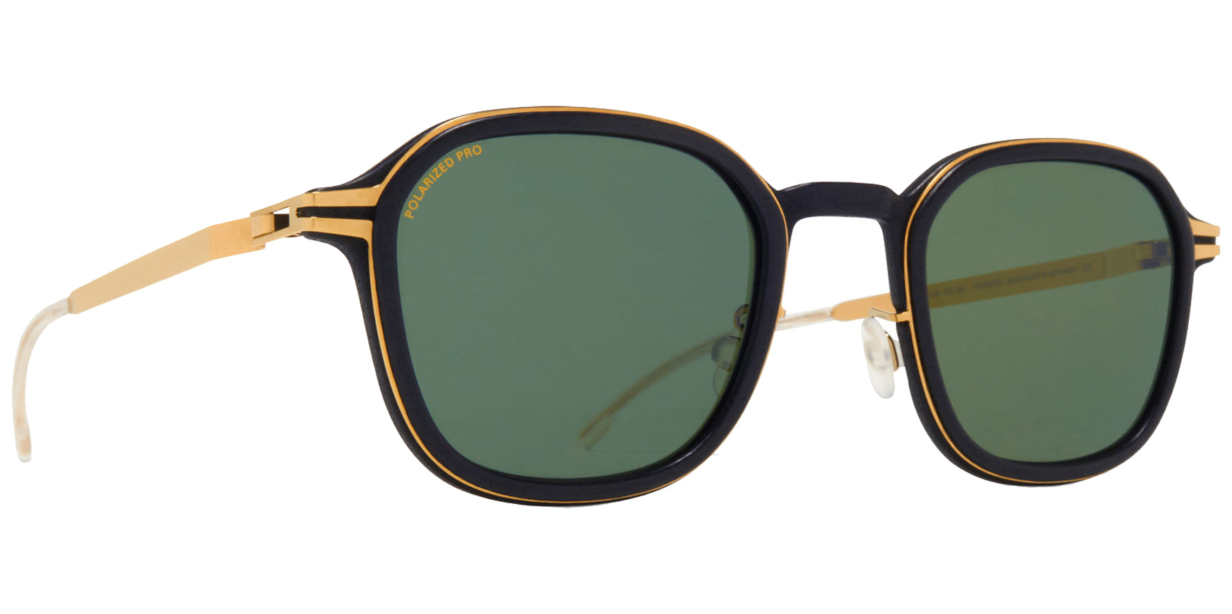 Mykita Fir MH7 Pitch Black/Glossy Gold-Tone Square Sunglasses 10066833 Polarized Pro Green G15 Lens 47mm