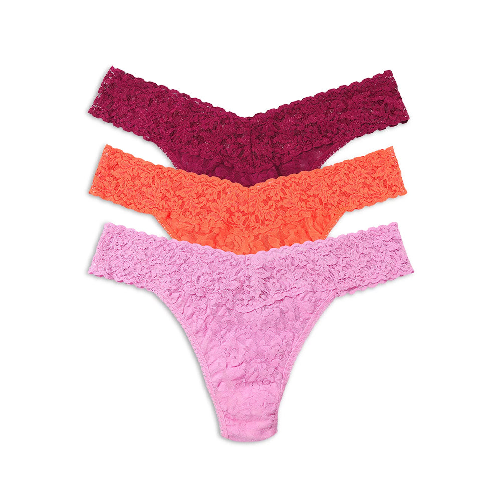Hanky Panky Signature Lace Original Rise Thongs, Passionate Pink/Tangelo Orange/Bright Amethyst, 3-Pack - 48113PVPK-PTBA