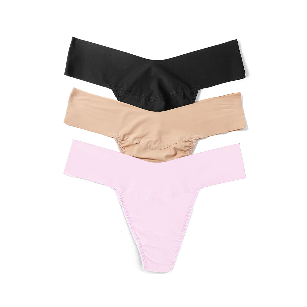 Hanky Panky Breathesoft Natural Rise Thong, Taupe/Black/Bliss Pink, 3-Pack, Small - 6J1661B3PK-TBBL-S-DTAU