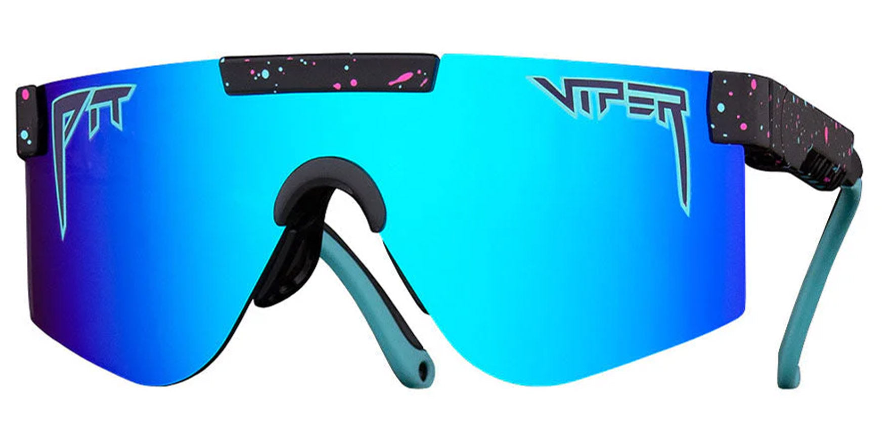 Pit Viper The Hail Sagan XS Youth Black with Blue and Red Splatter Shield Sunglasses E-2K-HAILSGN-2XS Blue Lens