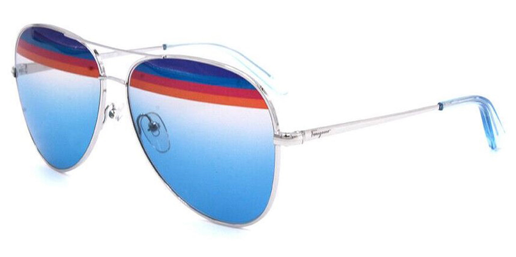 Ferragamo Shiny Silver Pilot Sunglasses SF172S-046 Azure Lens 60mm