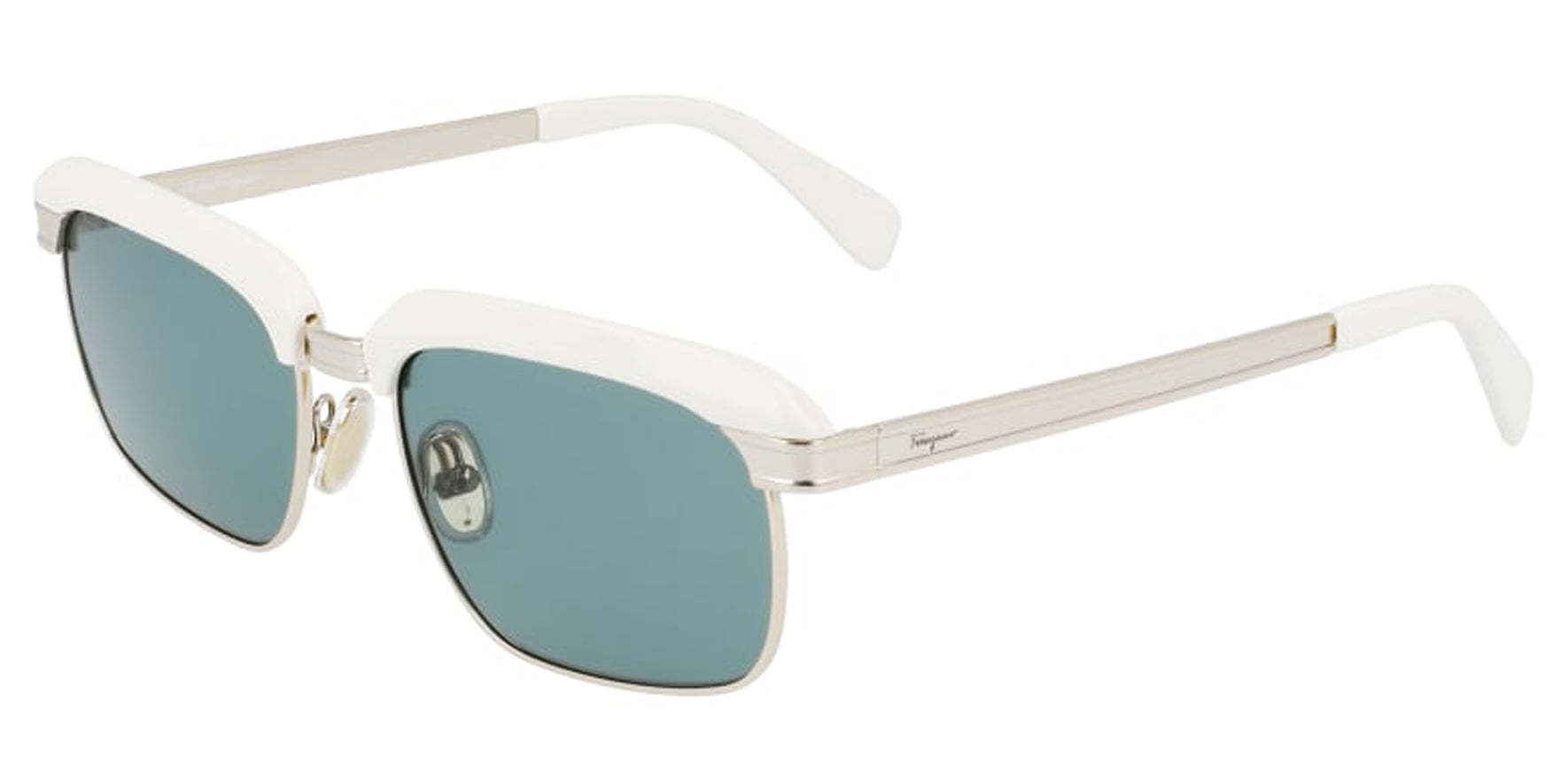 Ferragamo White/Gold-Tone Retro Rectangular Sunglasses SF263S-114 Green Lens 55mm