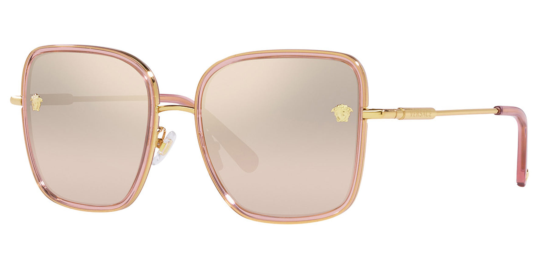 Versace Women Transparent Pink/Gold-Tone Square Sunglasses VE2247D-14837I Light Brown Mirrored Gradient Gold Lens 57mm