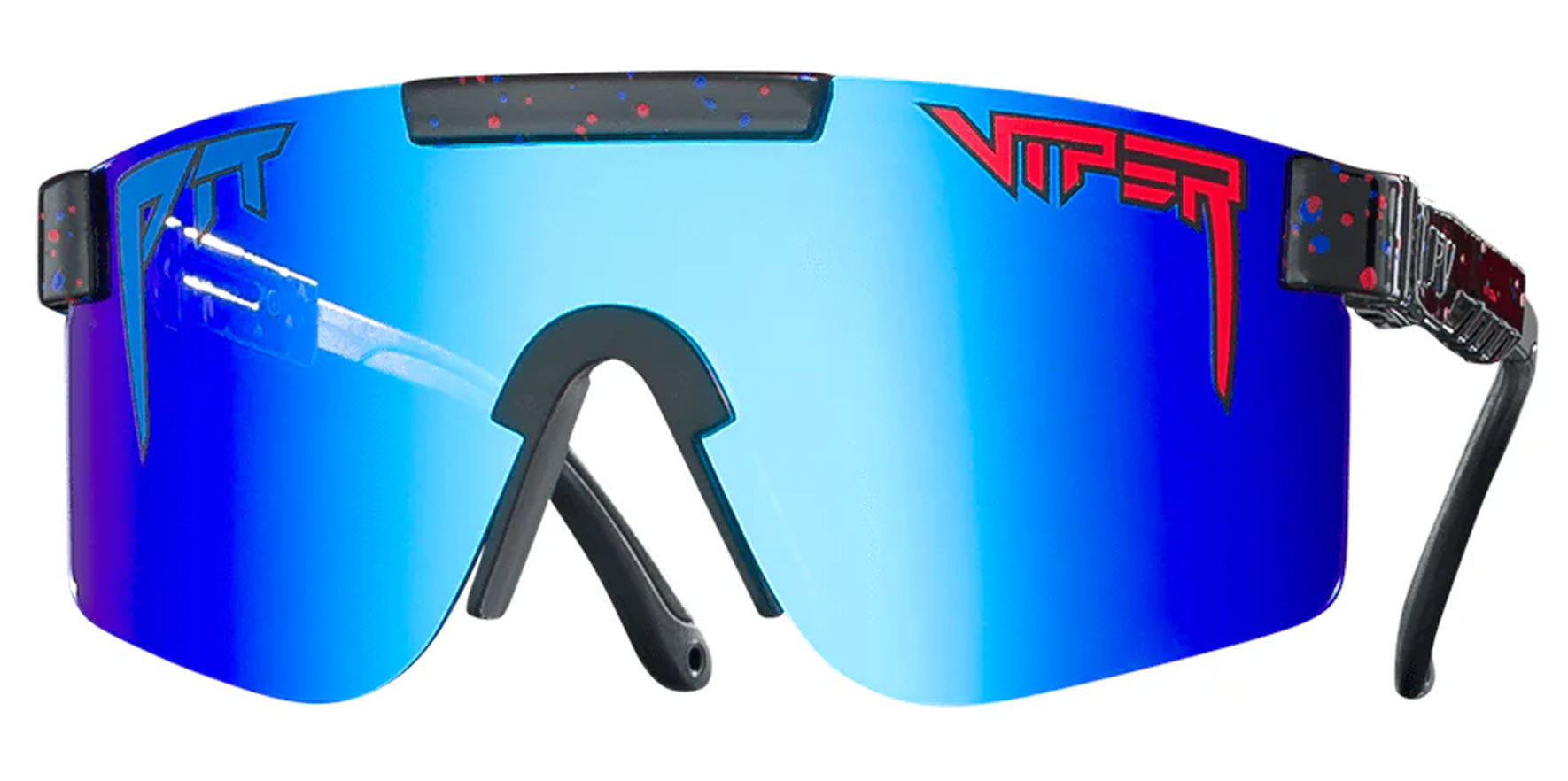 Pit Viper The Absolute Liberty Narrow Original Black with Blue and Red Splatter Wrap Sunglasses E-OG-ALIBRTY-POL Blue Polarized Lens