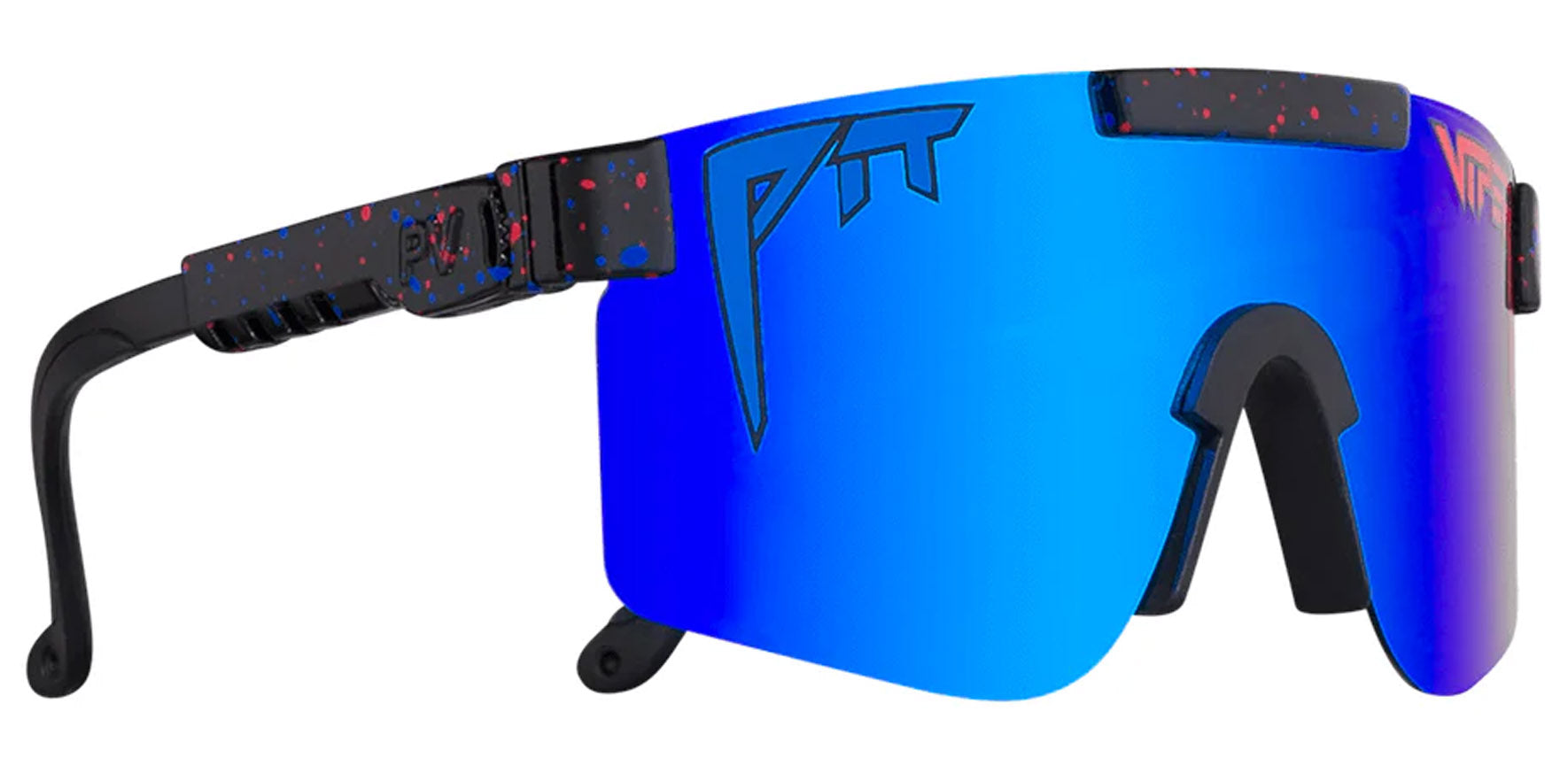 Pit Viper The Absolute Liberty Narrow Original Black with Blue and Red Splatter Wrap Sunglasses E-OG-ALIBRTY-POL Blue Polarized Lens