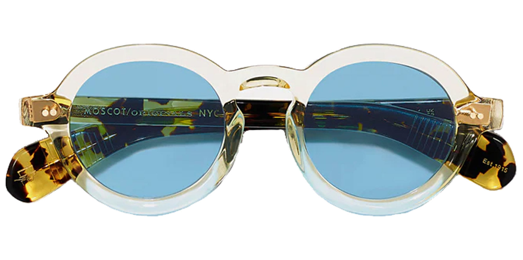 Moscot Foygel Sun Citron/Tortoise Round Sunglasses OR-FOY-S46222600-TD Celebrity Blue Lens 46mm