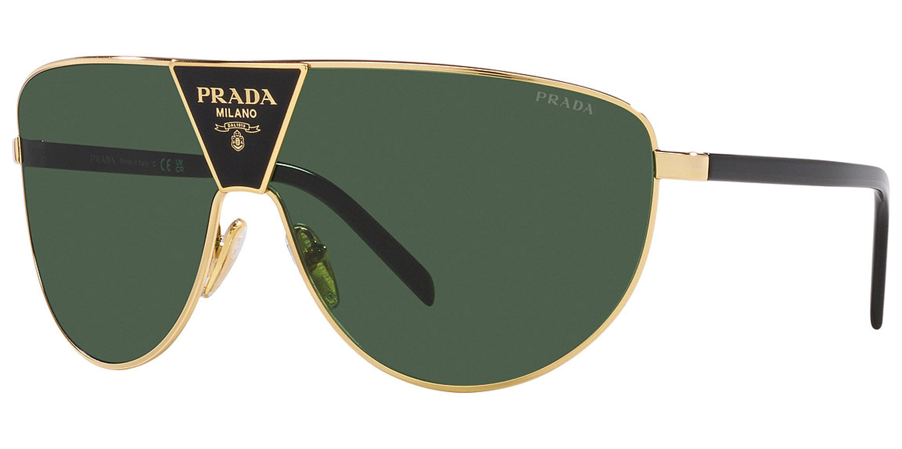 Prada Men Gold-Tone and Black Wraparound Shield Sunglasses PR69ZS-5AK05V Green Lens 137mm - Made in Italy