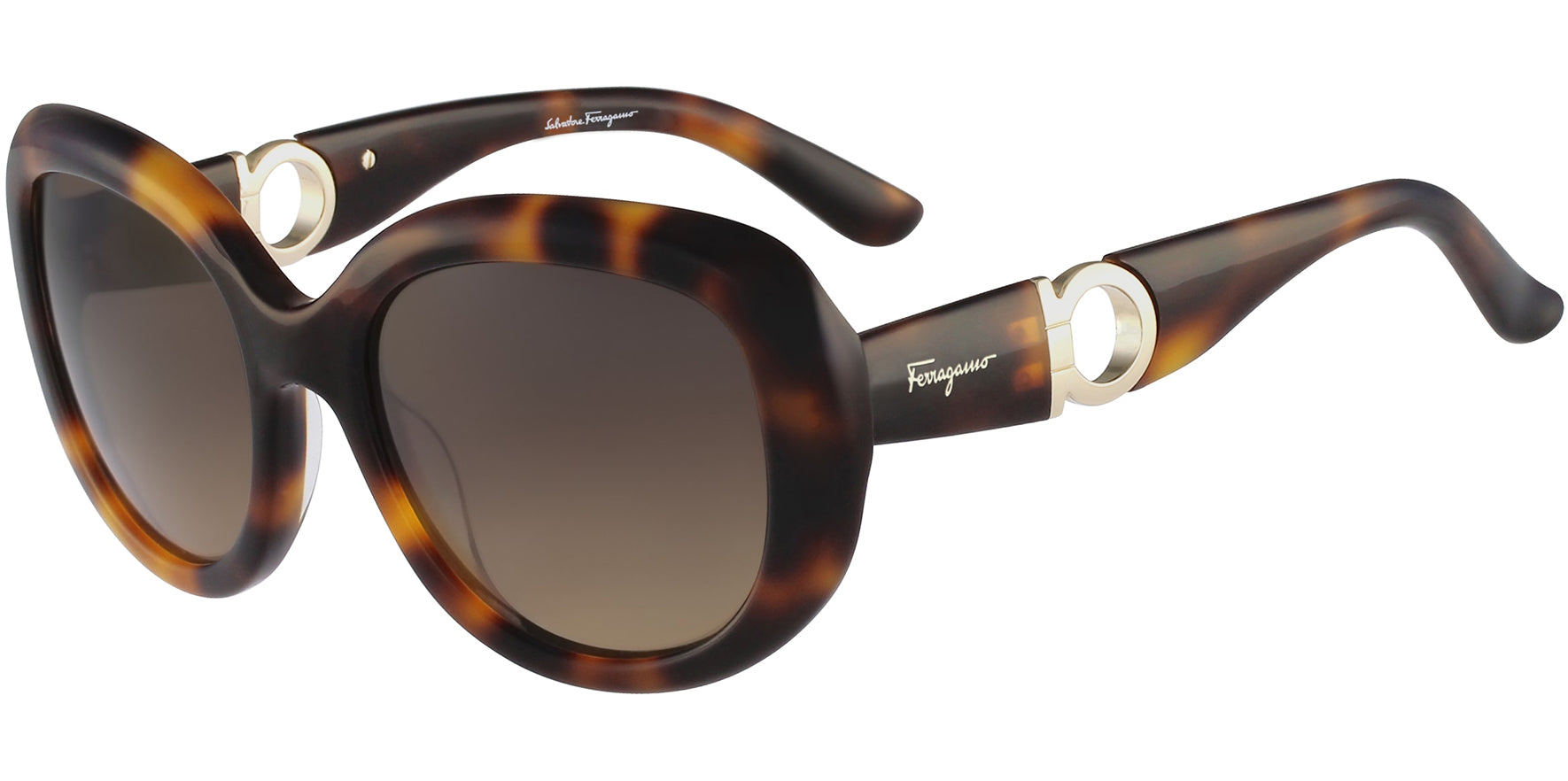 Ferragamo Women Tortoise Oversize Oval w/ Gancio Temples Sunglasses SF727S-214 Brown Gradient Lens 53mm