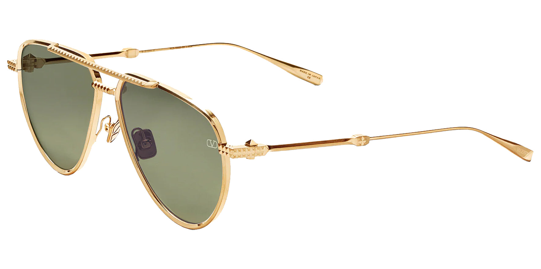 Valentino V-Stud II Light Gold Aviator Sunglasses VLS-133A Dark Green Lens 59mm