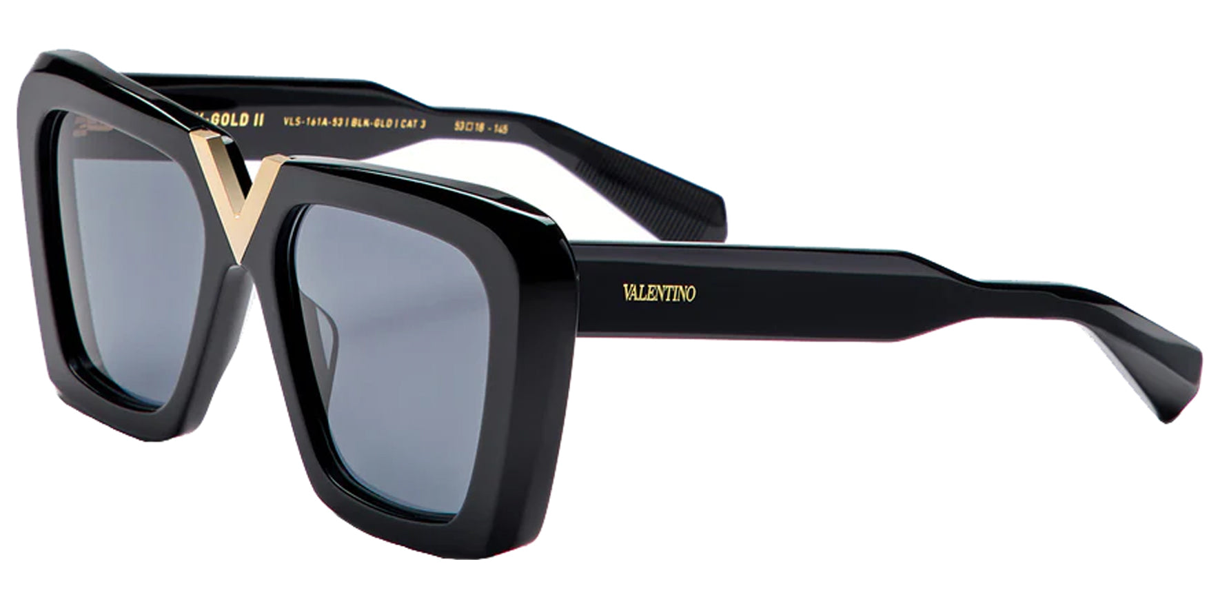 Valentino V-Gold II Women Black Squared Butterfly Sunglasses VLS-161A Smoke Grey Lens 53mm