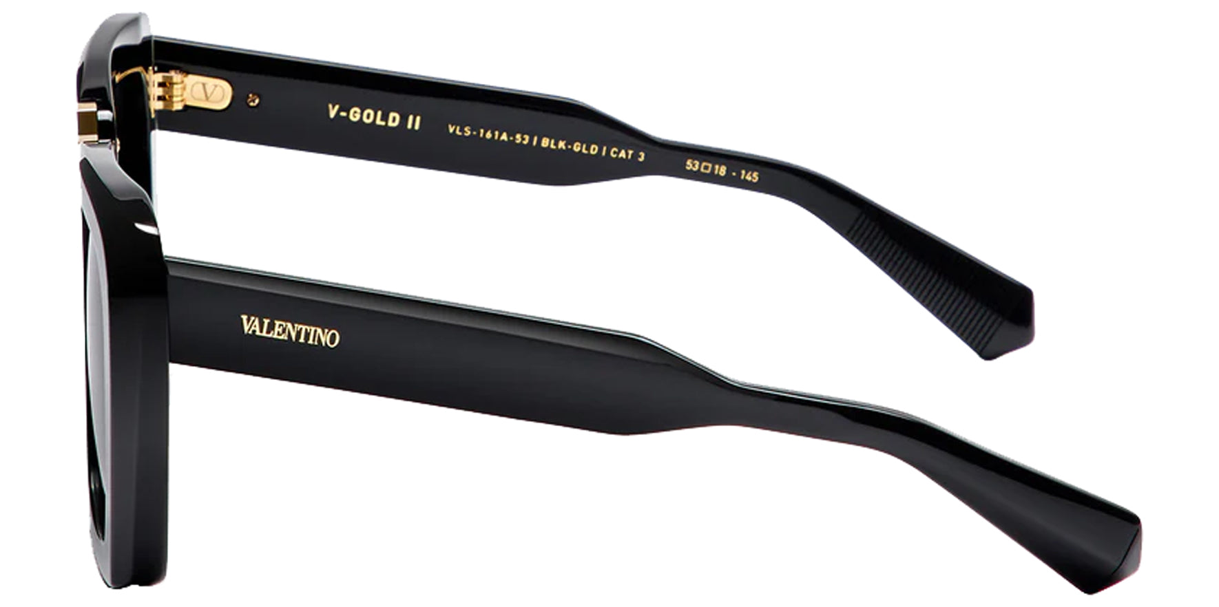 Valentino V-Gold II Women Black Squared Butterfly Sunglasses VLS-161A Smoke Grey Lens 53mm