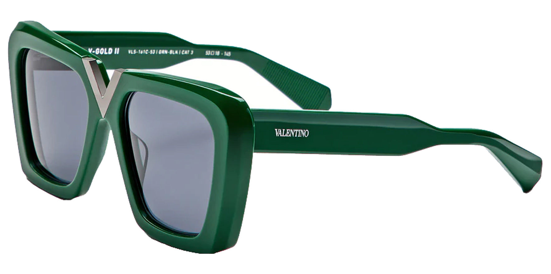 Valentino V-Gold II Women Dark Green Squared Butterfly Sunglasses VLS-161C Smoke Grey Lens 53mm