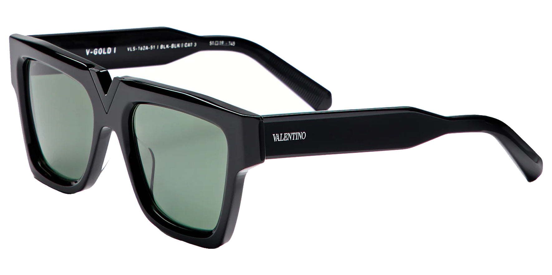 Valentino V-Gold I Women Black Square Sunglasses VLS-162A Smoke Green Lens 51mm
