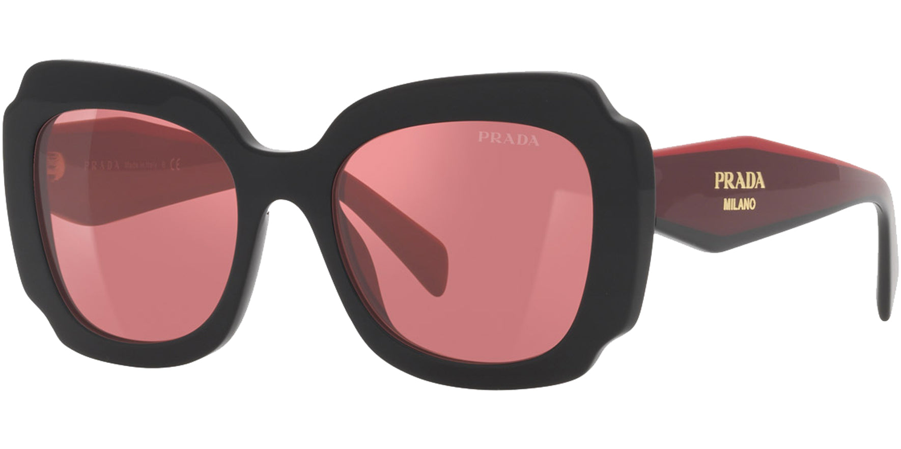 Prada Milano Women Black Square Butterfly Sunglasses PR16YS-1AB06Q Red Mirrored Internal Silver Lens 52mm