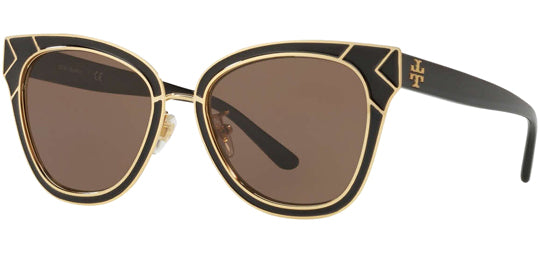 Tory Burch Women Shiny Black/Gold-Tone Cat Eye Sunglasses TY6061-325673 Smoke Lens 53mm